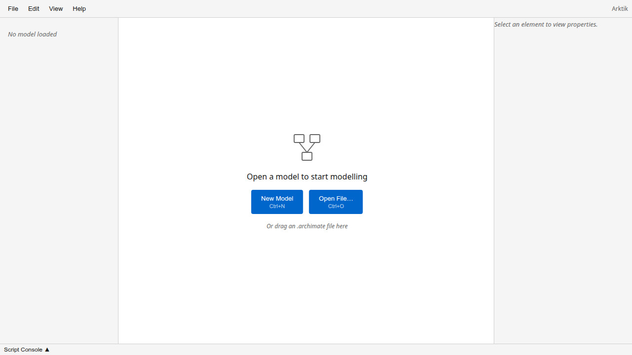 Arktik welcome screen showing the New Model and Open File buttons in the center of the canvas area