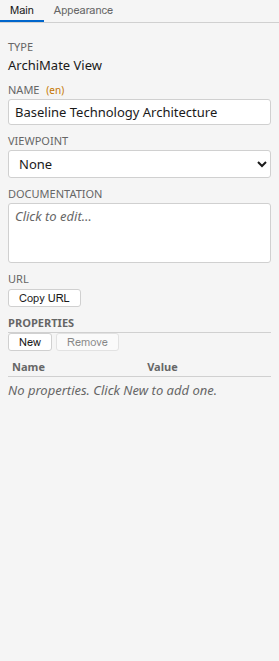 The Properties panel showing tabs for attributes, appearance, documentation, and user properties