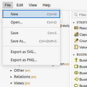 The File menu showing New, Open, Save, Save As, Export as SVG, and Export as PNG options
