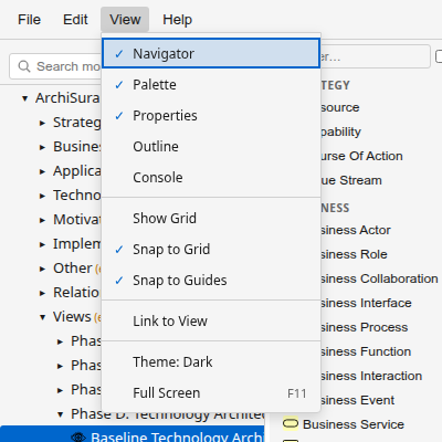 The View menu showing toggle options for Navigator, Palette, Properties, Outline, Console, grid settings, and theme