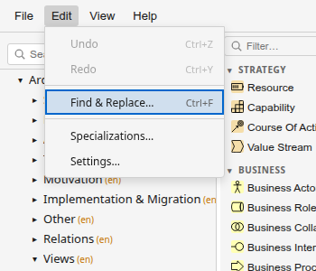 The Edit menu showing Undo, Redo, Find and Replace, Specializations, and Settings options